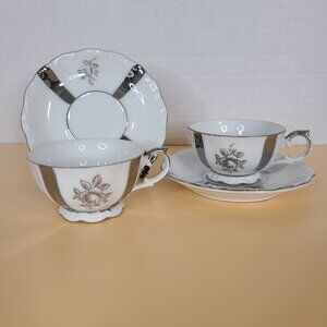 Set of Two Vintage Japan 2193 White and Silver Cups and Saucers